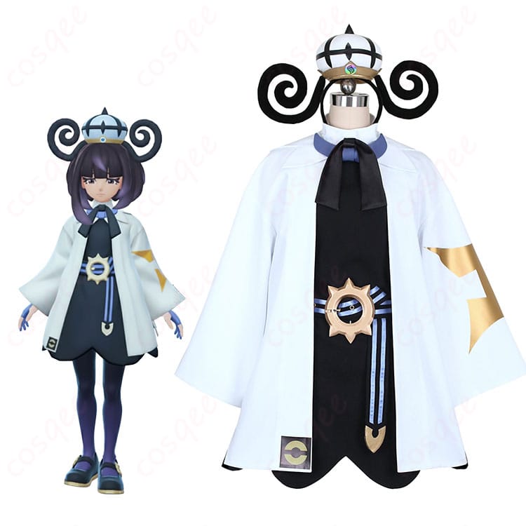 ムクのコスプレ衣装一式を着用イメージで示した画像（コートとワンピースのレイヤー、髪飾り・手袋・ベルト・タイツ）