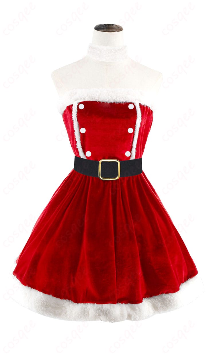アスカ クリスマスワンピースの正面ディテール。ハリ感のあるシルエットとつけ襟・ベルトの配置が確認できる商品写真