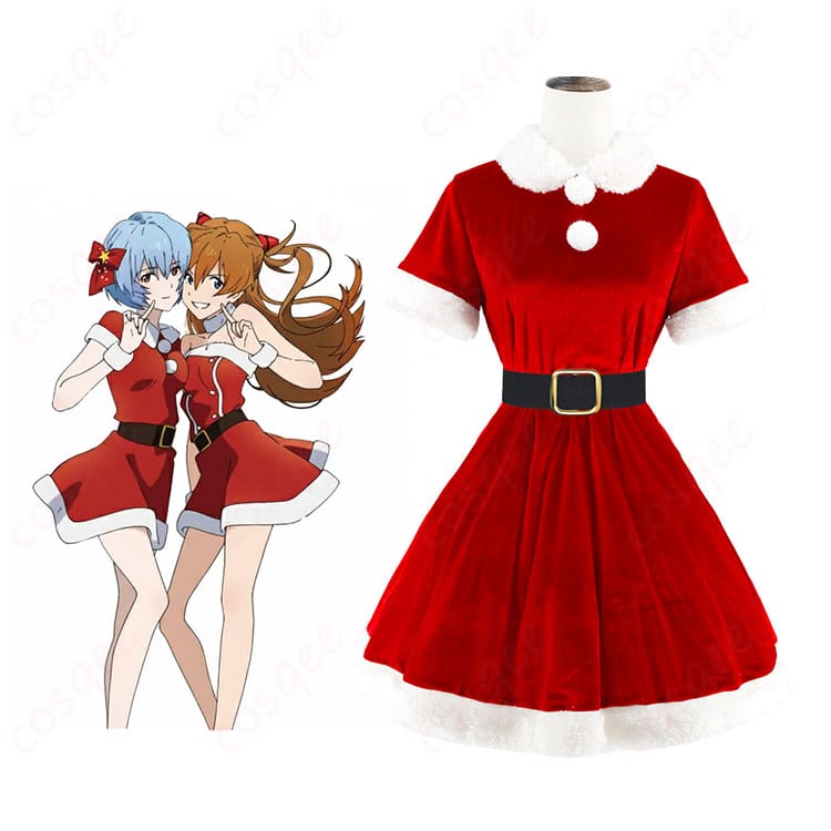 綾波レイのサンタ風クリスマスコスプレ衣装一式とデザイン要点を示した全身イメージ