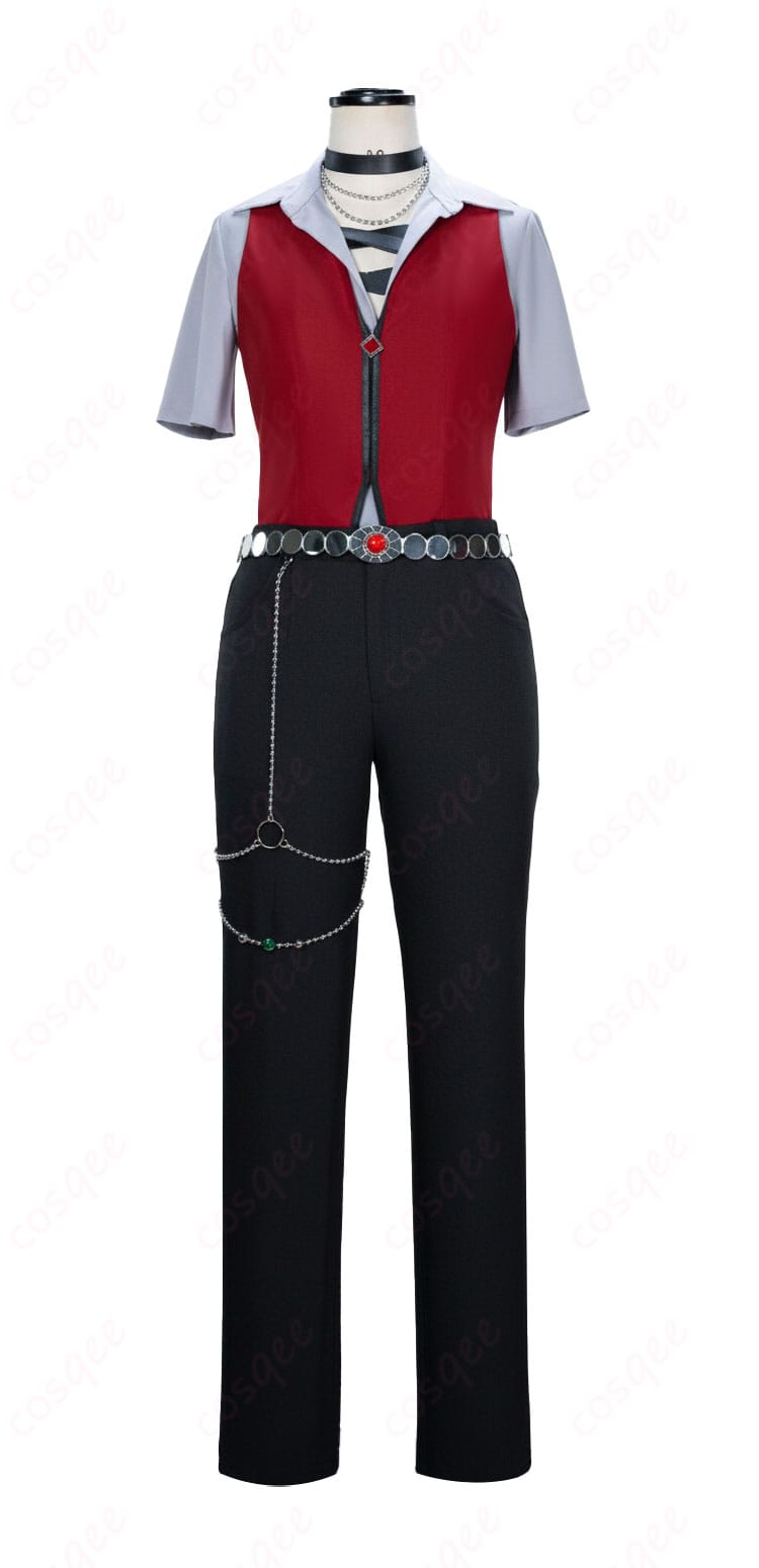 赤系ベストのフロント装飾ディテール。ボタンとステッチ