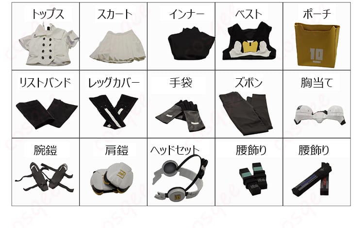 霧藤希 戦闘服コスプレのセット内容一覧。トップスから小物まで同梱品を並べた写真