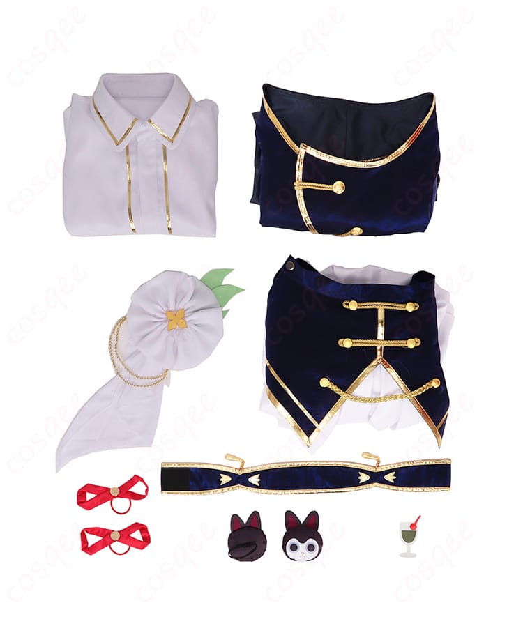 セット内容一式の平置き画像（コート、シャツ、スカート、胸飾り、太もも飾り、髪飾り）