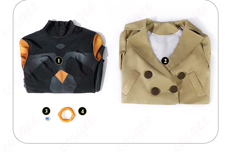 セット内容一式のフラットレイ：コート・ボディスーツ・胸飾り・髪飾り