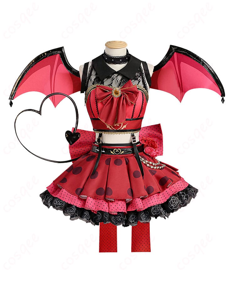 Aqours 小悪魔アイドル衣装の正面全体像。トップスとフレアスカート、王冠・背面リボン付きでゴージャスに再現。