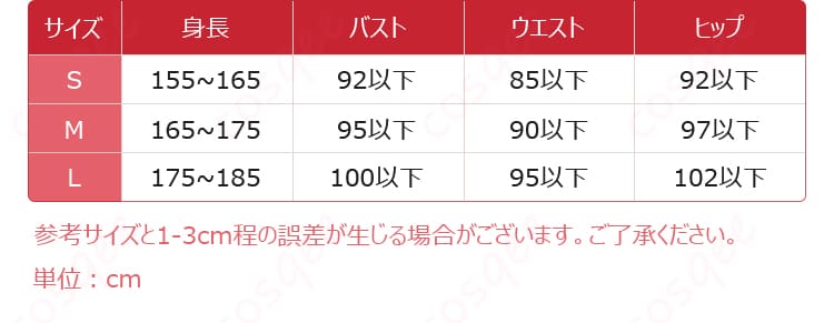 S・M・Lのサイズ表記と各部位寸法ガイド