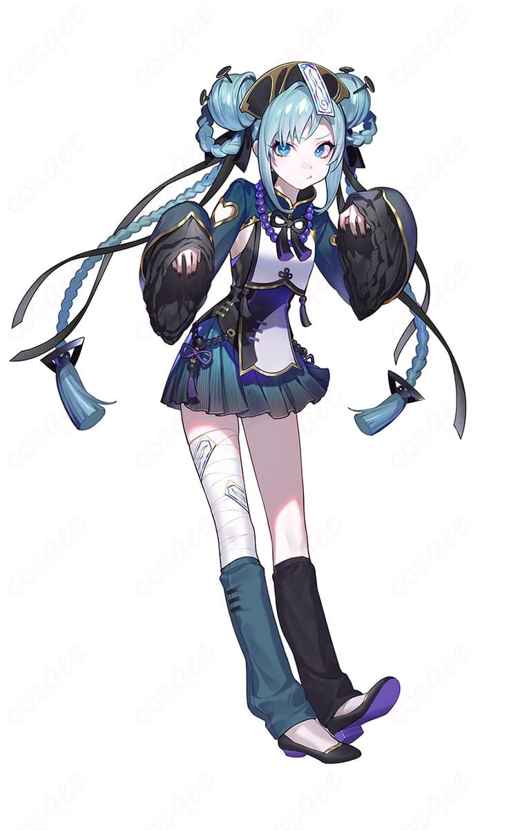 初音ミク キョンシーVer.のコスプレ衣装 全身ディテール。チャイナ要素とサイバー感を両立した高再現デザイン