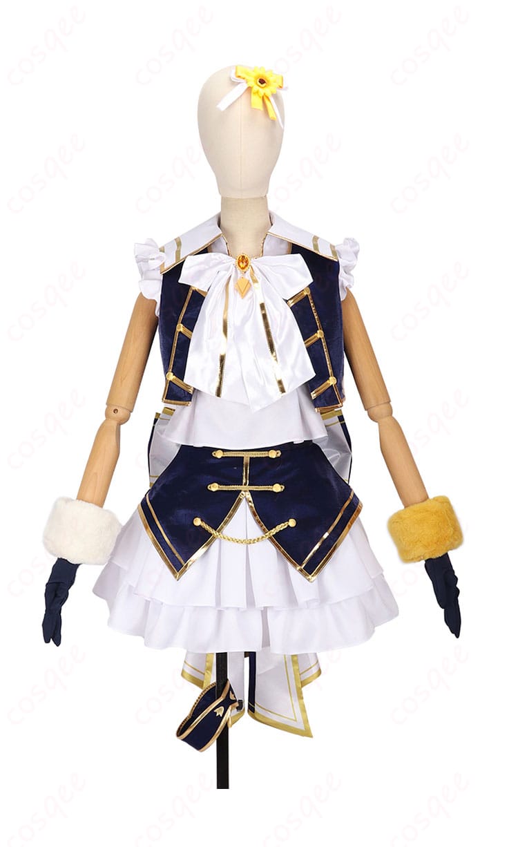 本間ひまわり 共通衣装コスプレの正面全体写真（ベスト・スカーフ・プリーツスカートの配色が確認できる）