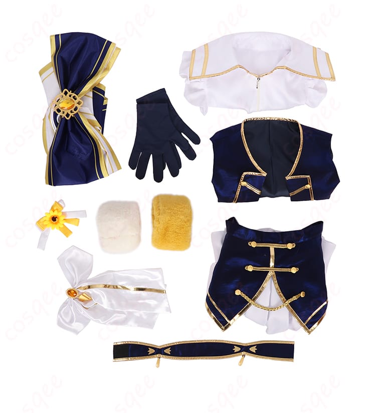 本間ひまわり 共通衣装コスプレのセット内容一式（トップス、スカート、ベスト、背部蝶結び、手首飾り、スカーフ、太もも飾り、髪飾り）