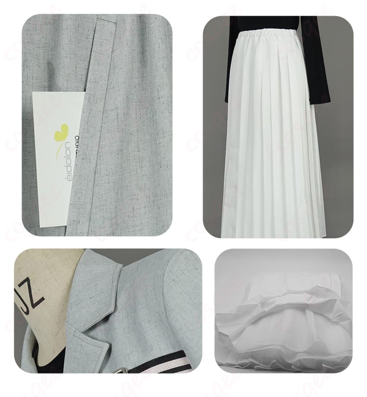 衣装全体の装飾ディテールまとめ。生地の発色やエッジ仕上げ、装飾固定の丁寧さが伝わるアップ。