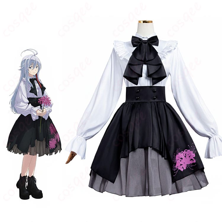 モデル着用のヴラディレーナ・ミリーゼ学園制服風コスプレ一式（白シャツ・黒スカート・黒リボン）の全身イメージ