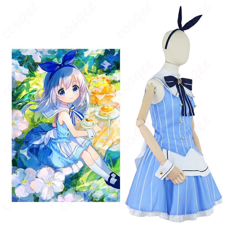 香風智乃（チノ）ラビットハウス制服のフル装着イメージ。スカーフとエプロン、カチューシャまで含む全身コーデ。