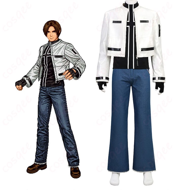 モデル着用の草薙京（KOF'99）コスプレ衣装全身イメージ。ジャケットとブルージーンズ、手袋、チェーンのセットを再現。