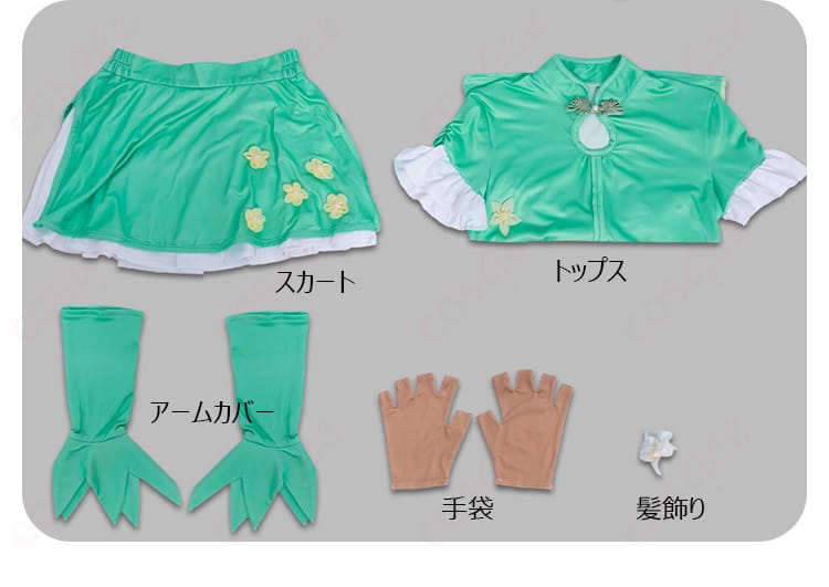 セット内容一式（トップス・スカート・アームカバー・手袋・髪飾り）の並び確認