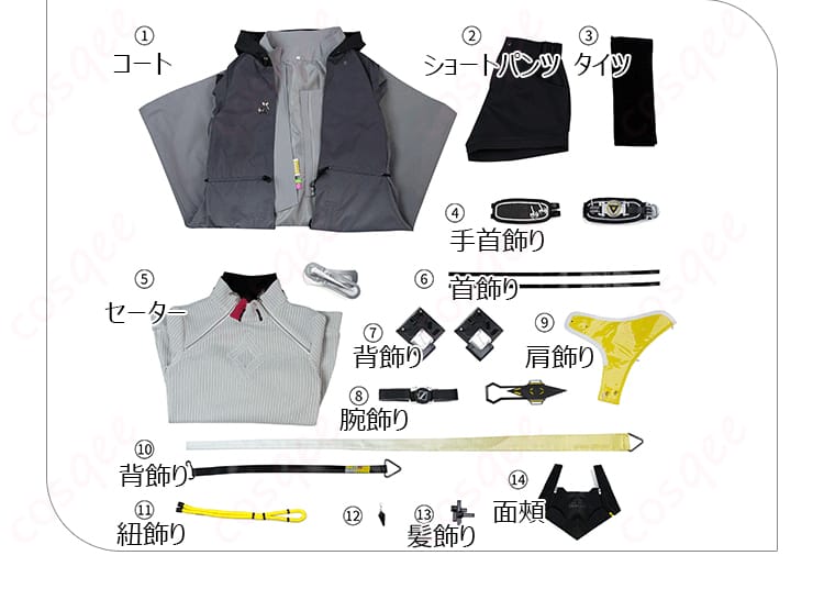 セット内容一覧:コート、ショートパンツ、タイツ、セーター、小物一式