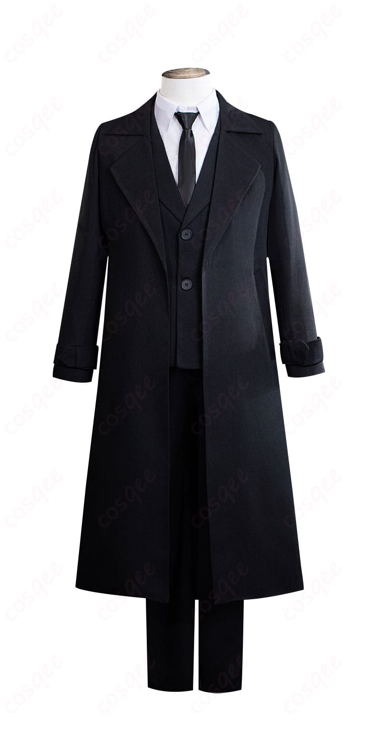 太宰治 黒の時代 コスプレ衣装の正面全身。ロングトレンチと細身パンツのシルエットが分かるカット