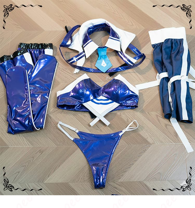 ニュージャージー ブラック・プレリュード衣装セット内容(トップス・チューブトップ・ショーツ・袖・靴下)の並び