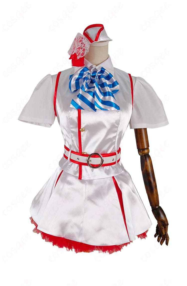 ラブライブ！μ's アイドル衣装の正面全体写真。トップスとスカート、ベルト、スカーフの配色とシルエットが分かる構図。