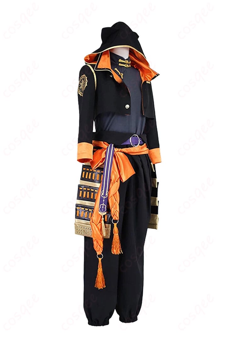 火車切広光 コスプレ衣装の側面。薄手で通気性の良い生地感と、ベルト・腰鎧の位置バランスが分かるアングル