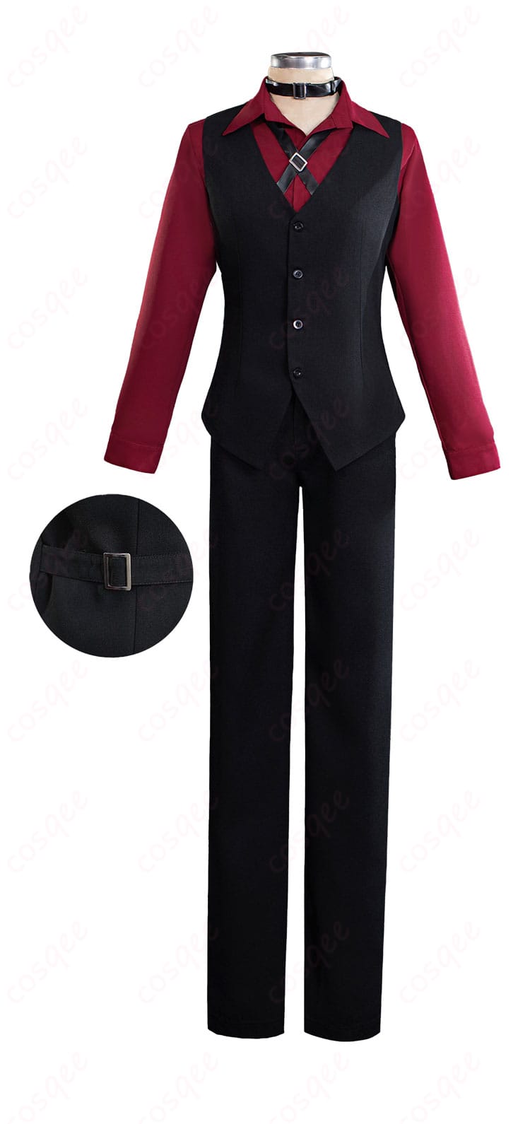 BEAST版 中原中也 コスプレのベストと内側レイヤーの細部。ステッチや留め具の質感が分かる高品質仕立てのクローズアップ