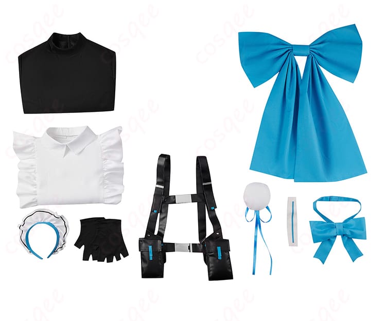 飛鳥馬トキ メイド服セット内容一覧。ワンピース、エプロン、背部蝶結び、リボン、髪飾り、手袋、カチューシャ、えっちベルトが揃うフルセット。