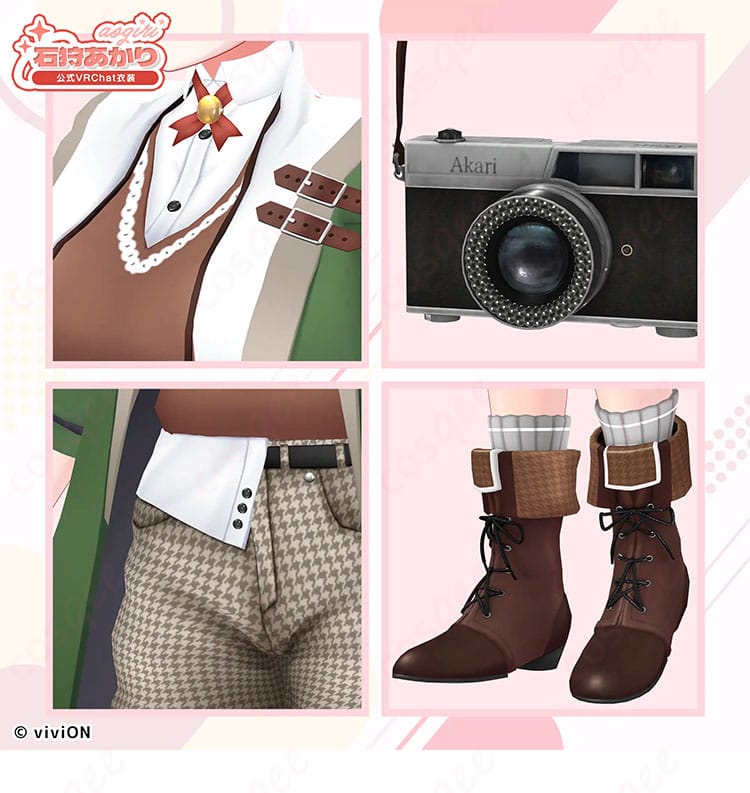 石狩あかり コスプレ衣装のディテール。リボン、ベルト、帽子、手袋など小物の意匠を近接で撮影し、質感と再現度を強調。