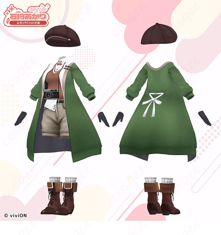 あおぎり高校 石狩あかり 公式VRChat衣装の正面・背面デザイン比較。コートとショートパンツのシルエット、ベルト位置の違いを確認可能。