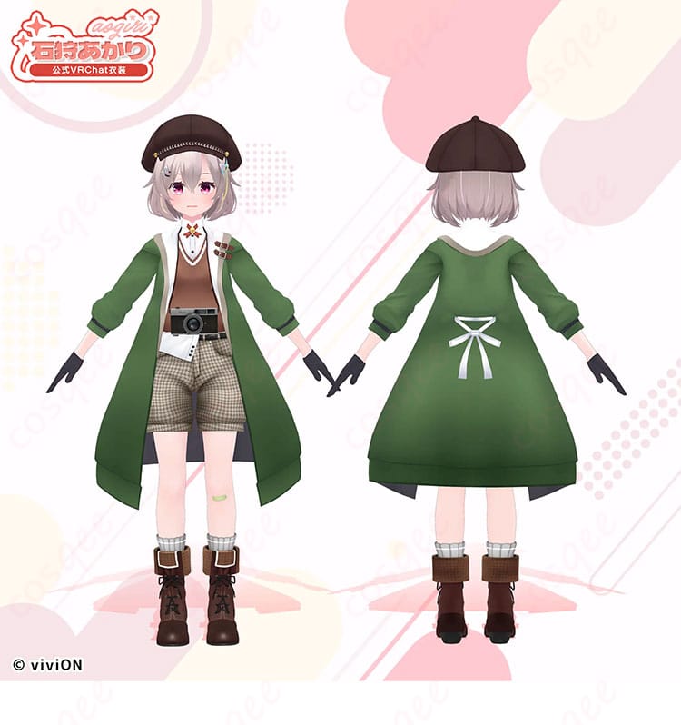 石狩あかり 公式VRChat衣装のコスプレ一式を全身で撮影。親しみやすいカジュアルデザインと清楚な配色が分かるフロントビュー。