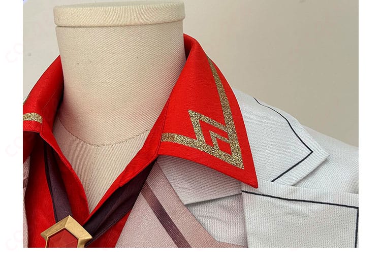 原神 タルタリヤ フェス衣装の衣領装飾ディテール。胸元の装飾とコントラスト配色を高再現で示すクローズアップ