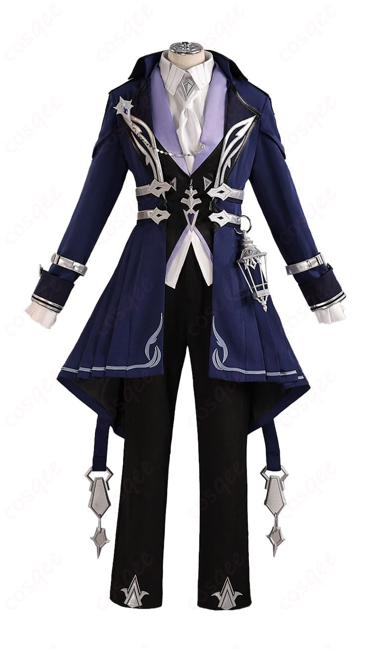 原神 フリンズ 原神FES フェス衣装の正面全体。ロングコートとベストのシルエット、配色と質感が分かる高品質仕様のディスプレイ