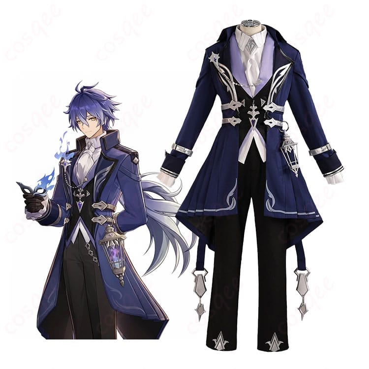 原神 フリンズ 原神FES フェス衣装をモデルが着用。紳士風ライトキーパー風の雰囲気をクールに再現したコーディネート全身像（COSQEE）