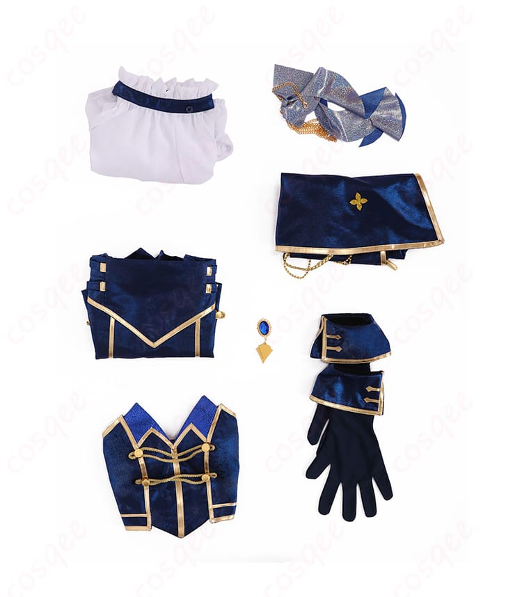 にじさんじ 先斗寧 共通衣装コスプレのセット内容一覧。トップス、インナー、ショートパンツ、マント、太もも飾り、手袋、襟飾り