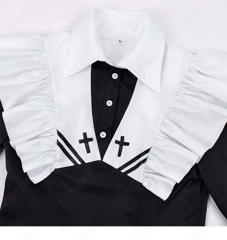 幽鬼 メイド服コスプレの襟元ディテール。白リボンと縁取りの繊細な仕上がり。