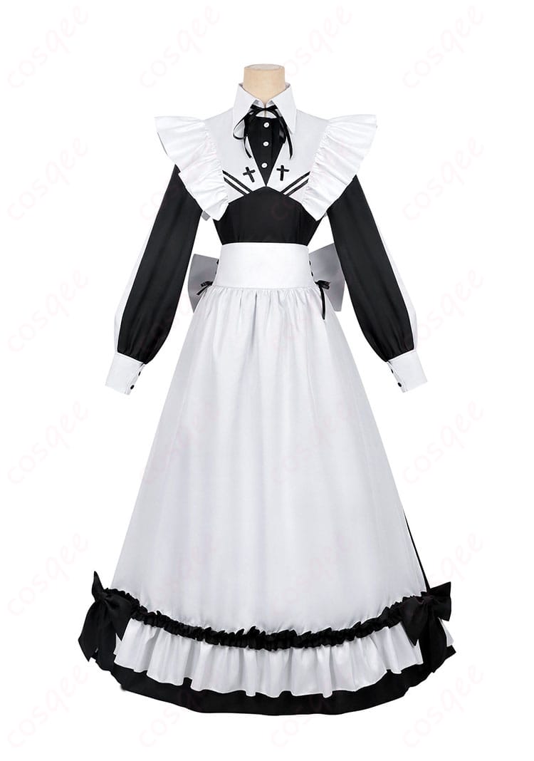 『死亡遊戯で飯を食う。』幽鬼 メイド服コスプレの正面デザイン。モノトーンの全体シルエットが分かる写真。