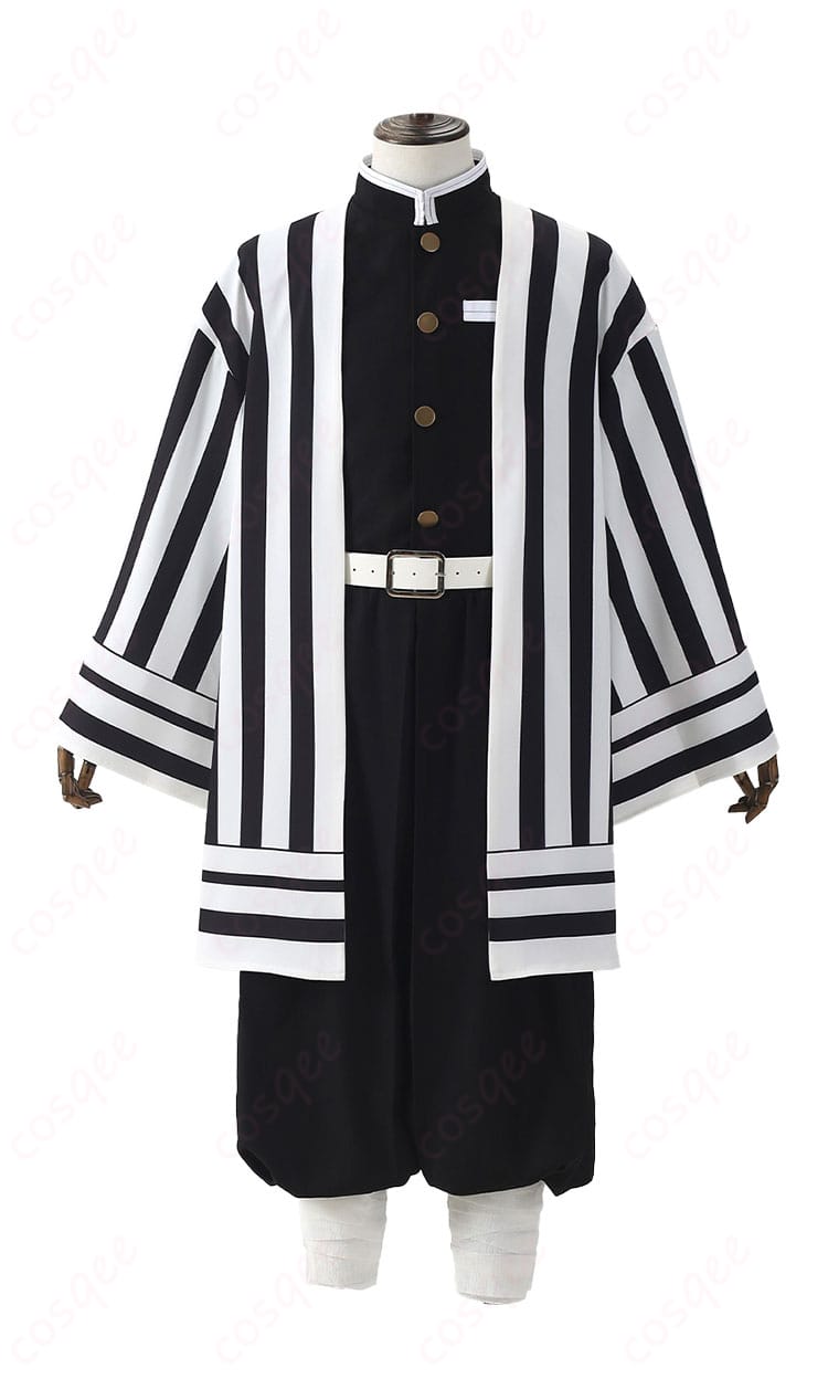 鬼滅の刃 伊黒小芭内コスプレ 正面から隊服の刺繍入りデザインと縞羽織の配色を確認できる画像