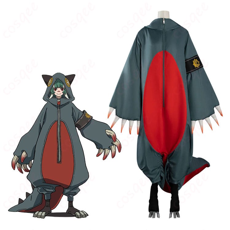 ガチアクタのギータを再現した怪獣風コスプレ一式。キャラクター全身イメージと衣装のシルエットが分かるカット。