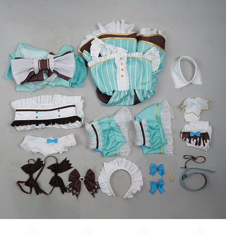 ミント・ファントーム メイド服のセット内容一覧。ワンピース、エプロン、背部蝶結び、カチューシャ、袖、つけ襟、ショーツ、リボン、髪飾り、太もも飾り、靴下、足首飾りが含まれる。