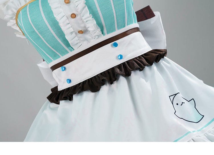 ミント・ファントーム メイド服のウエスト装飾。切替とリボンでシルエットを美しく見せる設計。