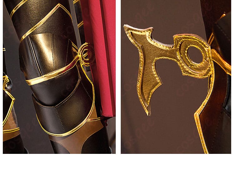 足鎧とニーパッドのディテール（青柳冬弥 シュヴァリエ・ノワール／膝周りの造形）