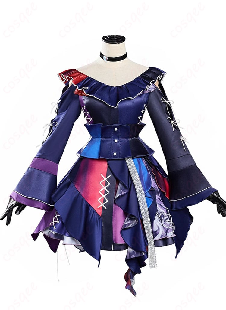 暁山瑞希 knitting colors コスプレ衣装の正面全体画像。ワンピースとコルセットベルトの配置と配色を確認。