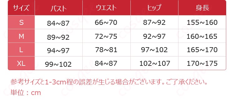 サイズガイド画像。S・M・L・XLの寸法目安と採寸部位の示例