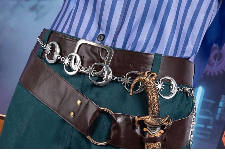 腰部ベルトコンポーネントのディテール。多層構成で固定力を高め、ポージング時もずれにくい設計。