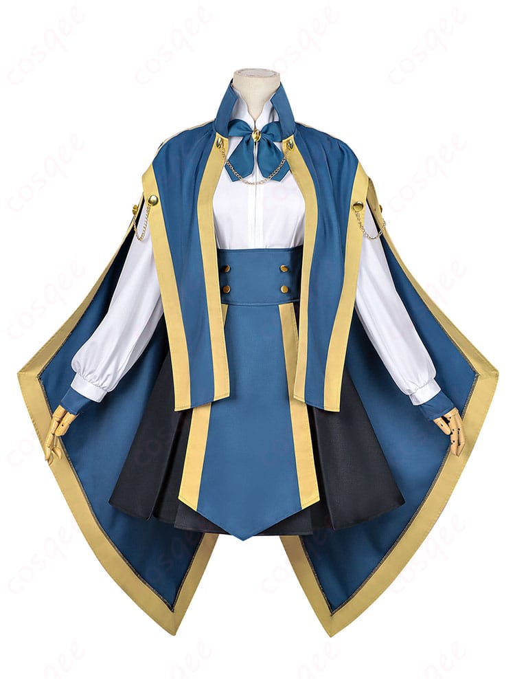 ジェニエ・コース衣装の正面全体。マント・シャツ・スカート・スカーフ・帽子を着用した学園スタイルのフルコーデ。