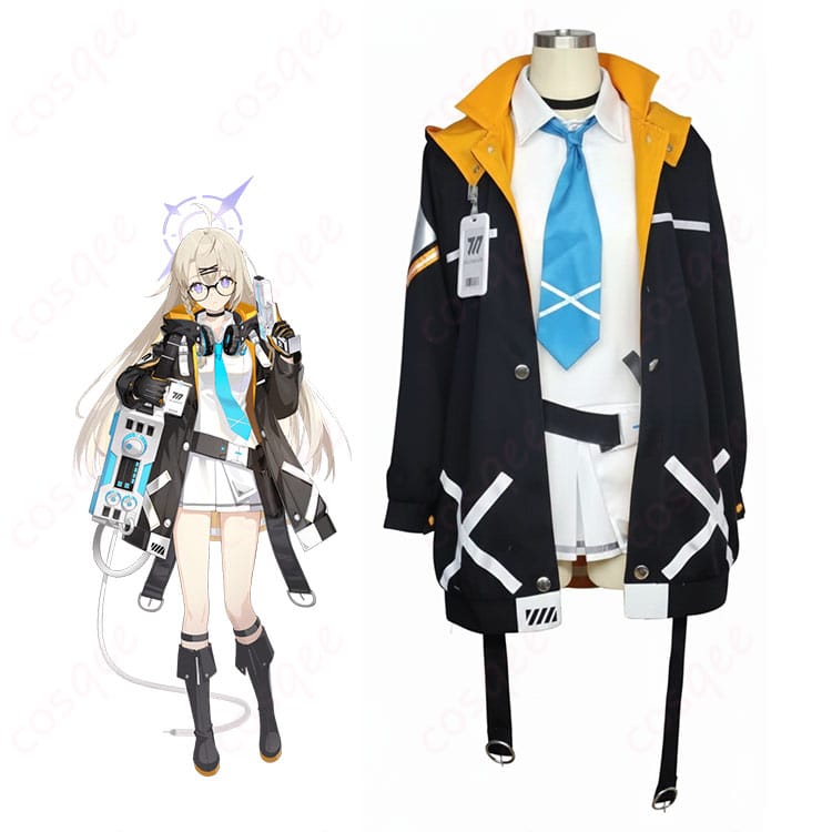 音瀬コタマのコスプレ衣装を着用したモデル全身写真。コートとスカート、ホルスターまで揃い、爽やか×サイバーな配色が分かる。