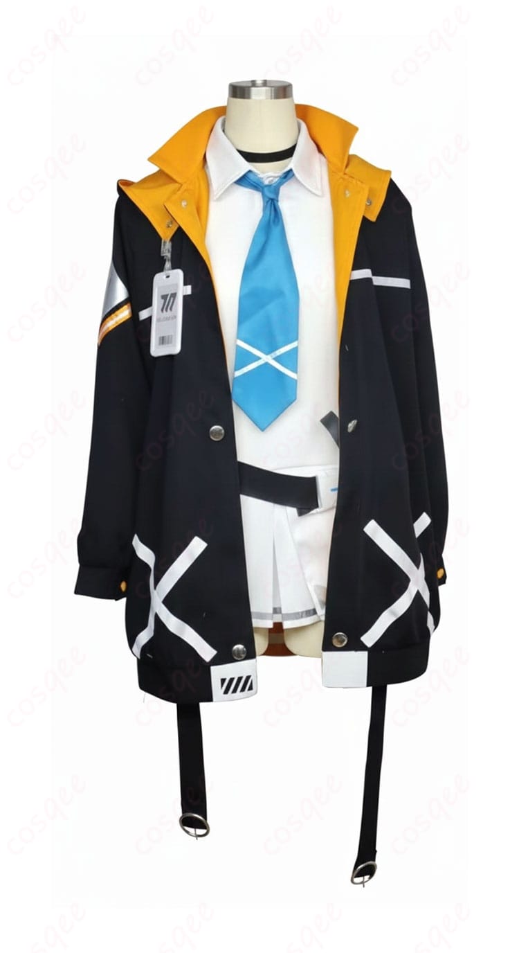 音瀬コタマ衣装の正面図。コートのハリ感と高コントラスト配色、ネクタイ位置や全体シルエットを確認できる。