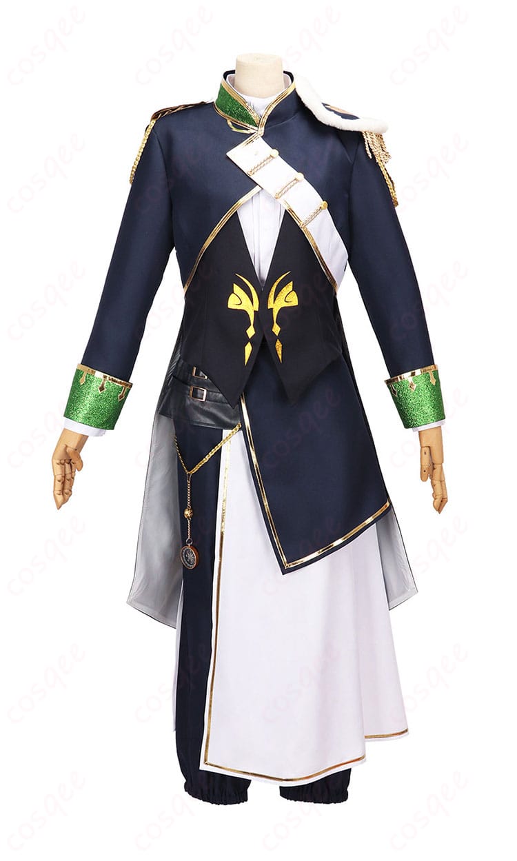 正面全体画像。コート・ベスト・シャツ・ズボン・腰布・腰飾りの配置と配色が確認できる、オリバー・エバンス共通衣装コスプレ。