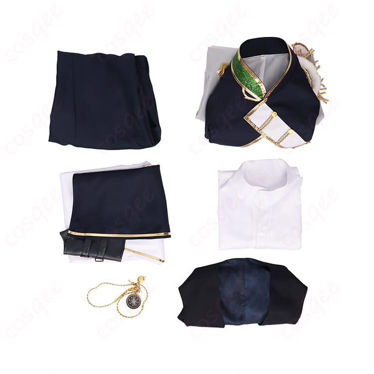 セット内容の平置き画像。コート、ベスト、シャツ、ズボン、腰布、腰飾り一式が揃う、にじさんじ オリバー・エバンス 共通衣装の付属確認。