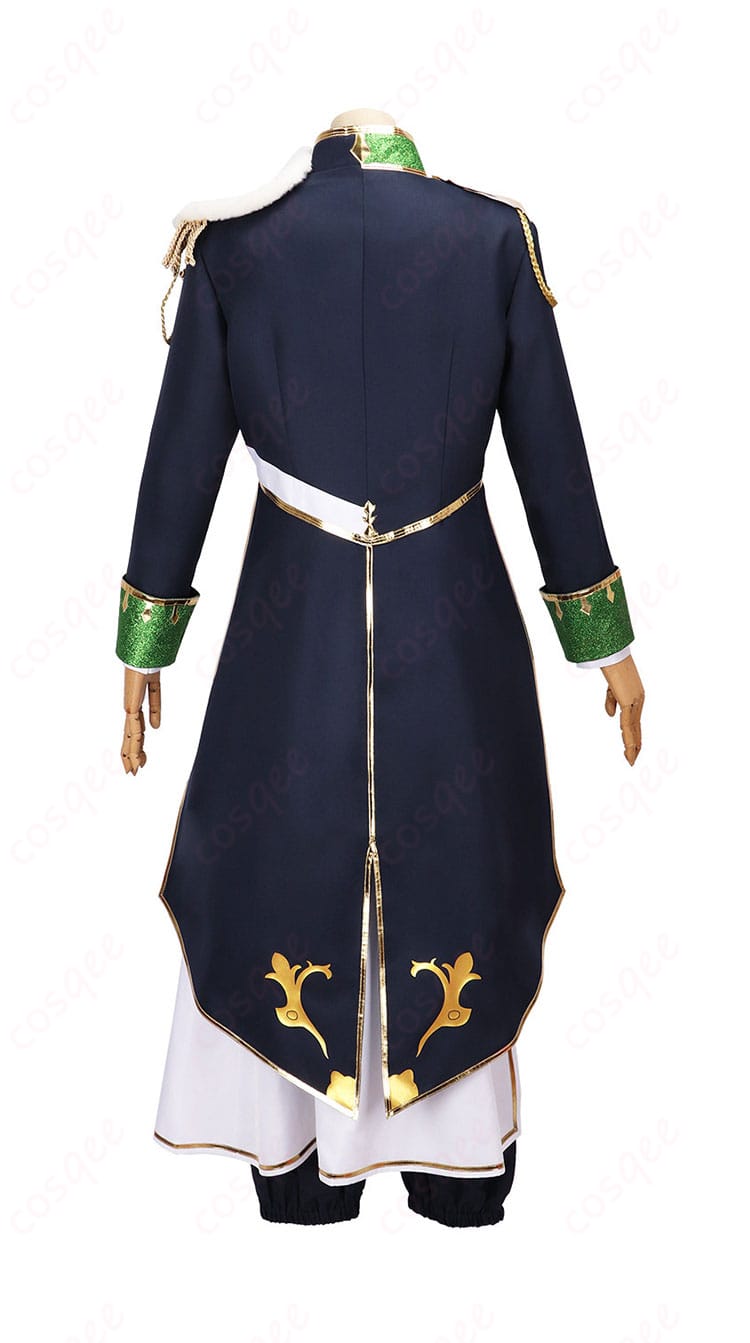 背面画像。背中の切り替えやベント、ロングコートの後ろ姿のシルエットが分かるオリバー・エバンス 共通衣装。