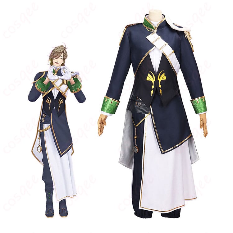 モデル着用の全身カット。にじさんじ オリバー・エバンス 共通衣装のロングコートとベストの美シルエット、薄手で通気性とハリ感のある質感が分かる写真。