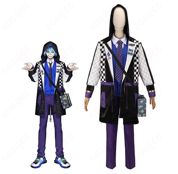 モデル着用のイデア・シュラウド（ツイステ）ボードゲーム部クラブ・ウェア全身。コート・シャツ・トップス・ズボン・ネクタイのコーディネートを正面から。