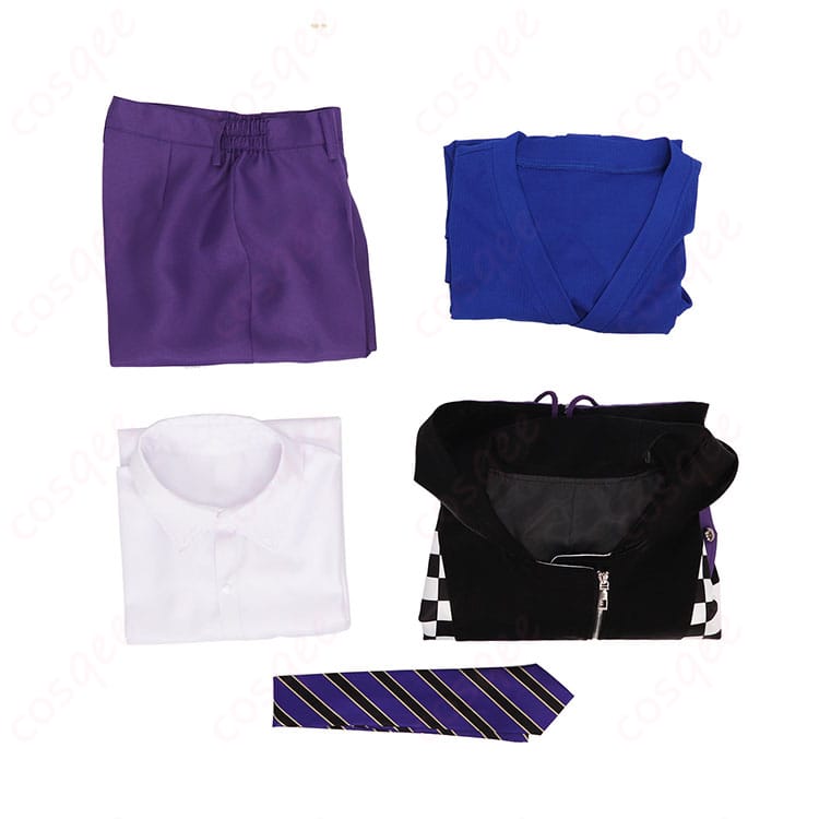 セット内容の平置き画像：コート、シャツ、トップス、ズボン、ネクタイ。基本5点でコーデが完成（メッセンジャーバッグは別売り）。